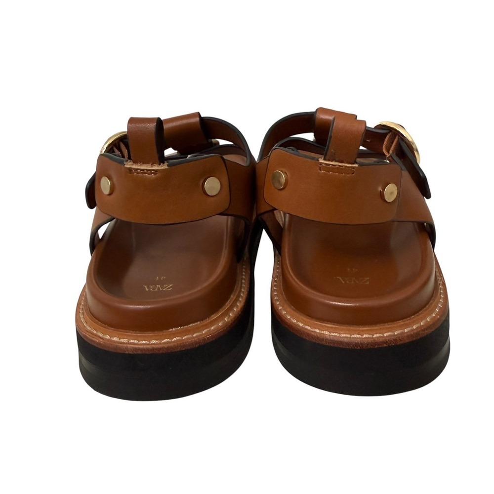 Zara Womens Brown Leather Platform Strappy Gladiator Sandals Gold Buckle Size 41 - Picture 3 of 8